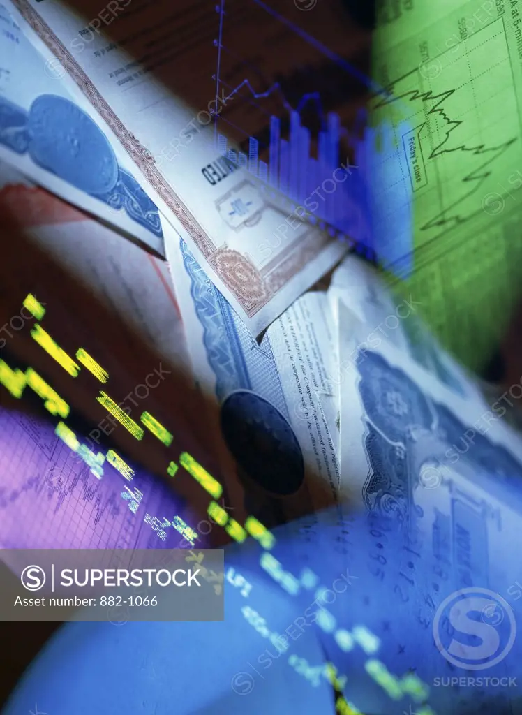 Close-up of stock quotes superimposed on stock certificates and graphs