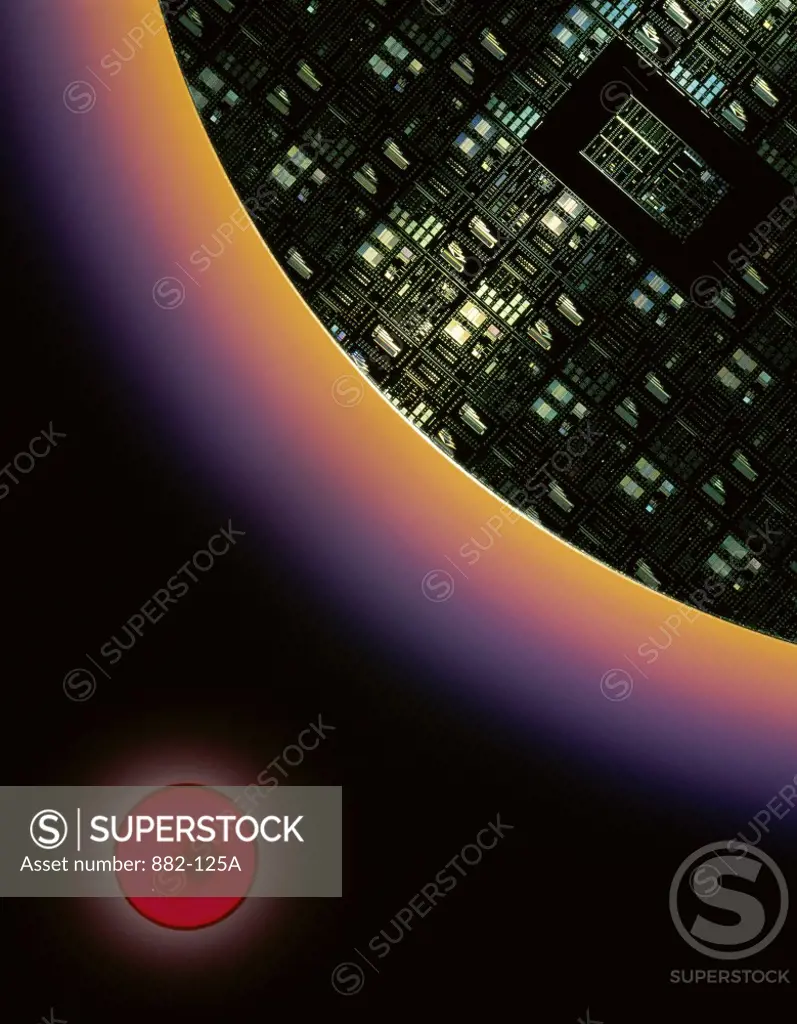 Computer wafer superimposed on a planet