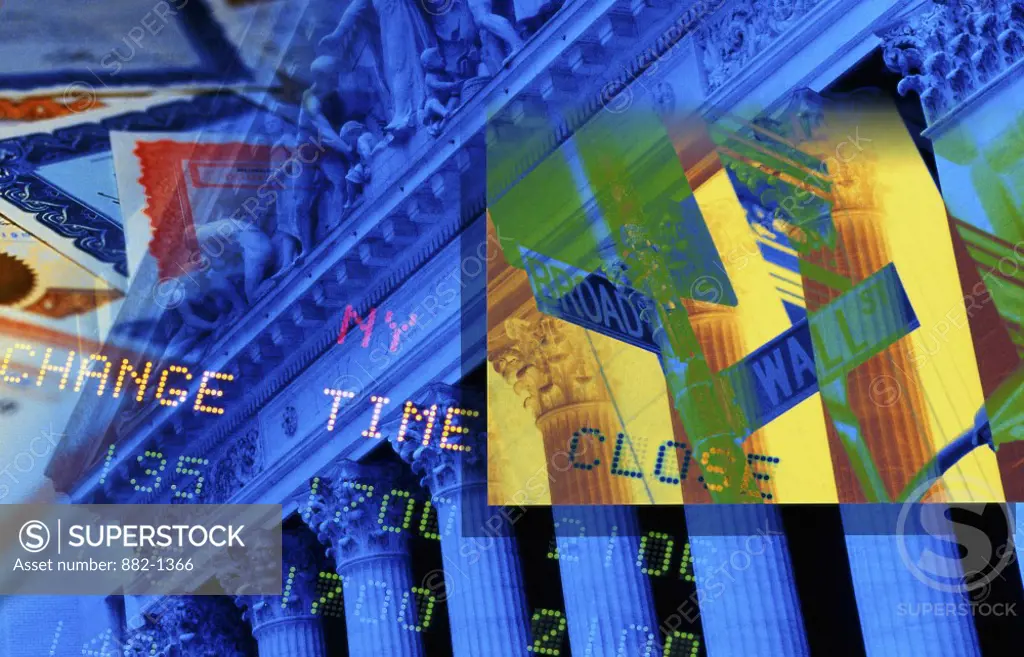 Stock quotes and stock certificates superimposed on a stock exchange, New York Stock Exchange, Wall Street, Manhattan, New York City, New York, USA