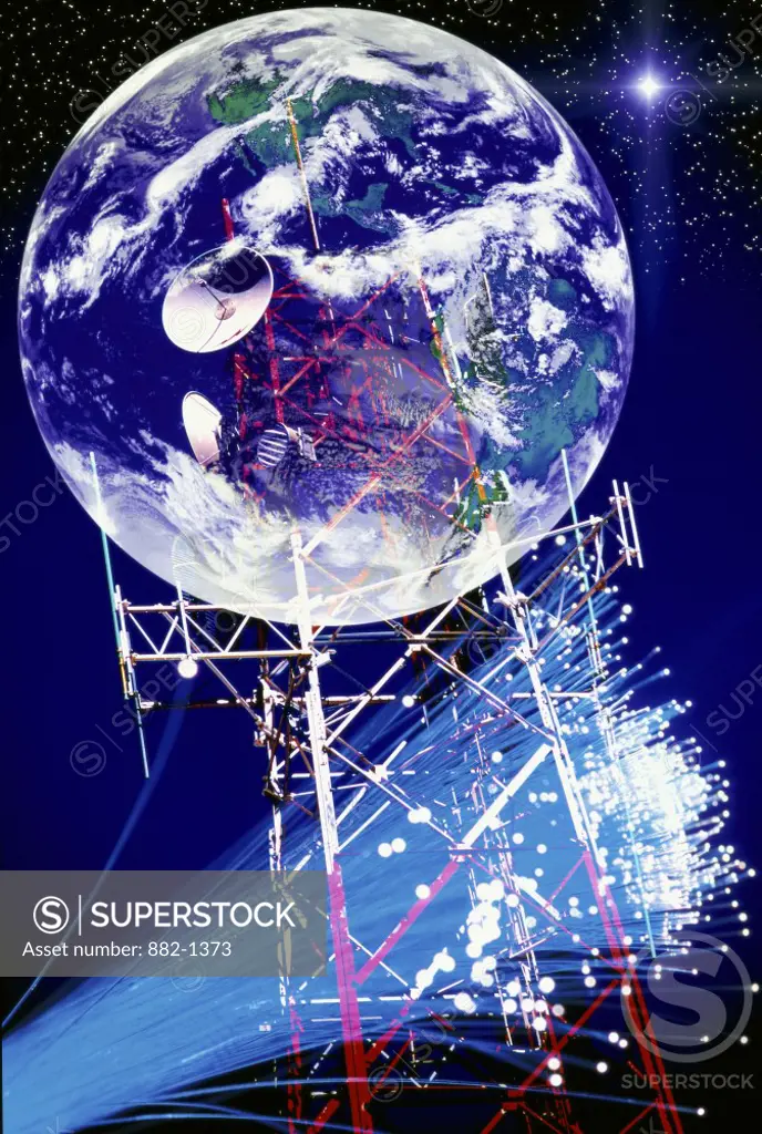 Earth with communications tower and fiber optics