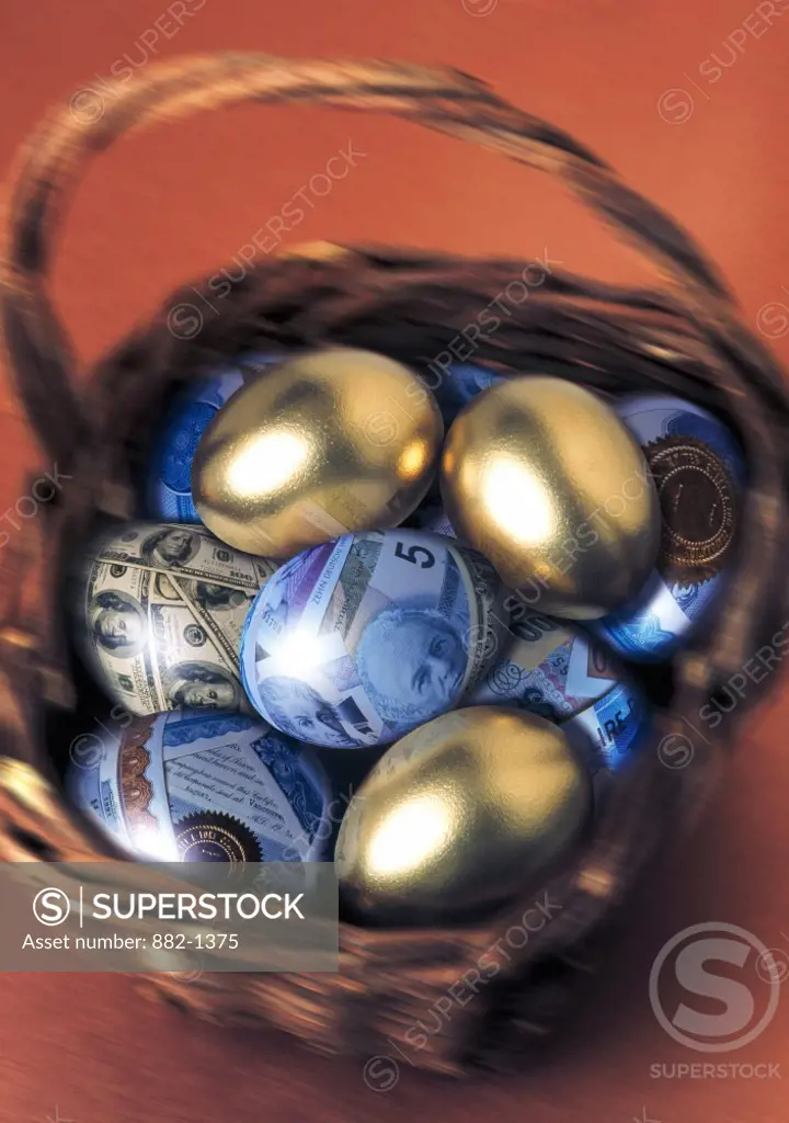Paper currency print on eggs in a basket