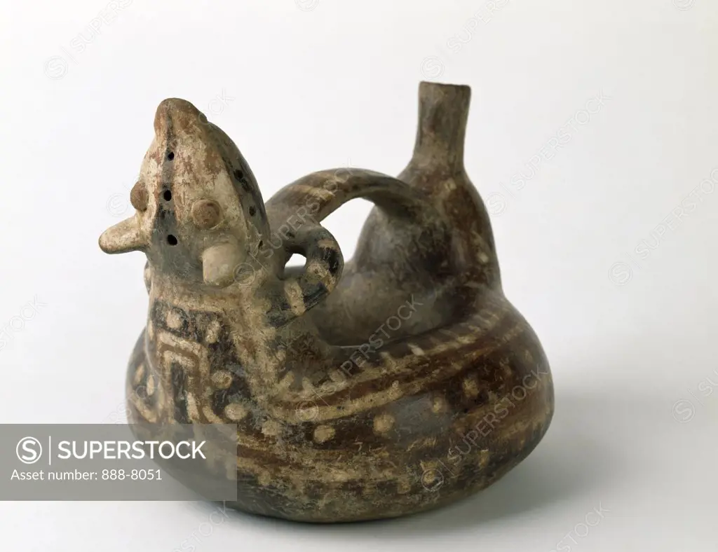 Circular vicus vessel with zoomorphic figure and bridge handle,  from Peru,  USA,  Florida,  Jacksonville,  The Museum of Contemporary Art,  Pre-Columbian Collection,  circa 200-500 A.D.