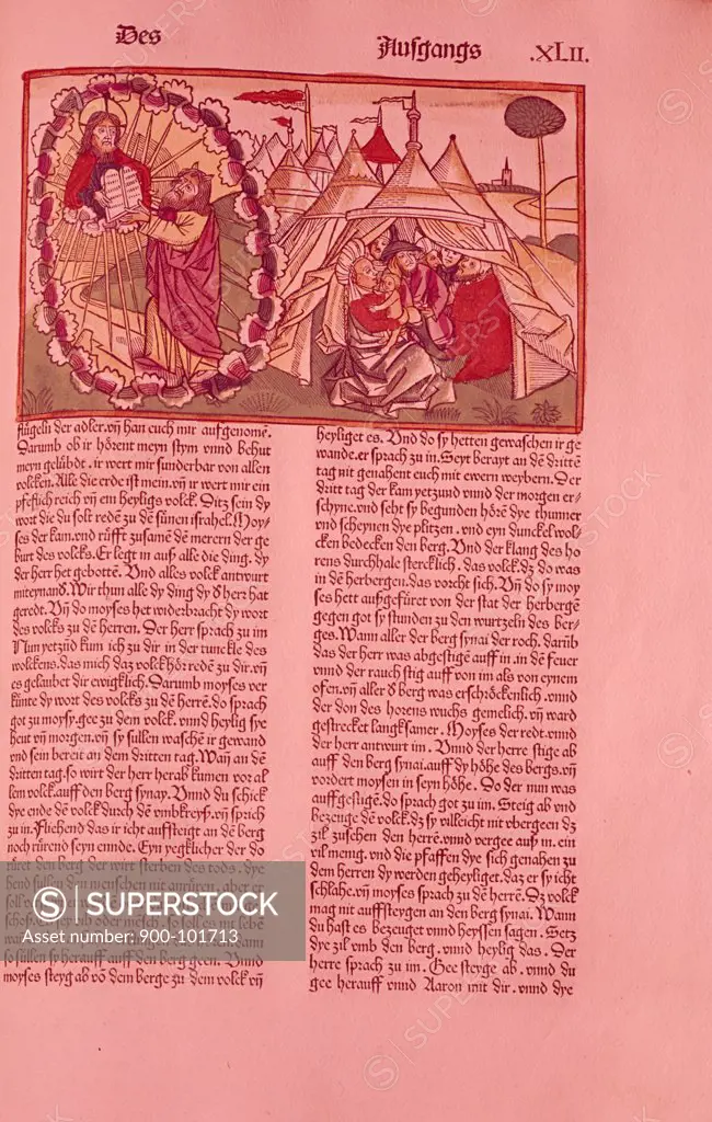 Moses Receiving Commandments,  from German Bible,  woodcut print,  USA,  New York,  New York City,  American Bible Society,  1483 A.D.