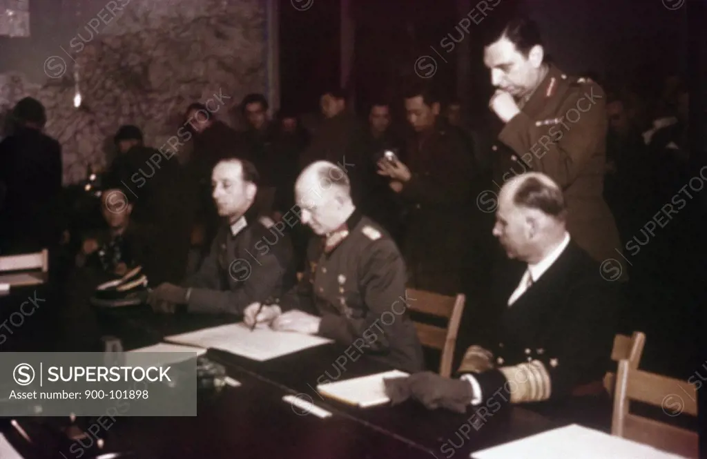German General Alfred Jodl signs unconditional surrender terms at Reims, France, May 7, 1945