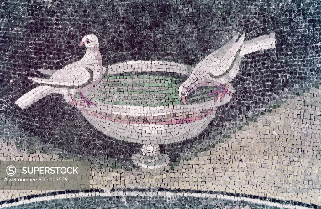 Birds and Bird Bath, ,  artist unknown,  mosaic,  Italy,  Ravenna,  Mausoleum of Galla Placidia