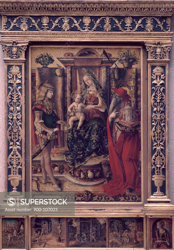 Madonna & Child with St. Jerome and St. Sebastian  Carlo Crivelli (ca.1430-1495 Italian) 