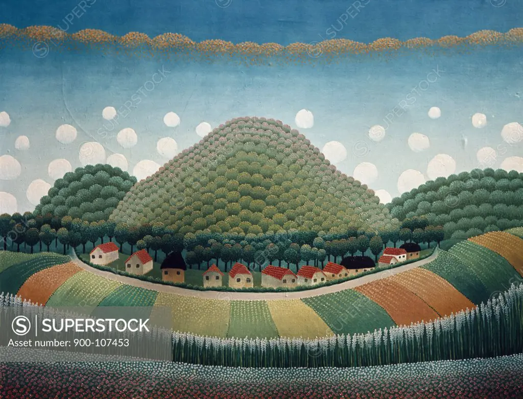 Magic Village with Three Mountains by Ivan Rabuzin,  painting