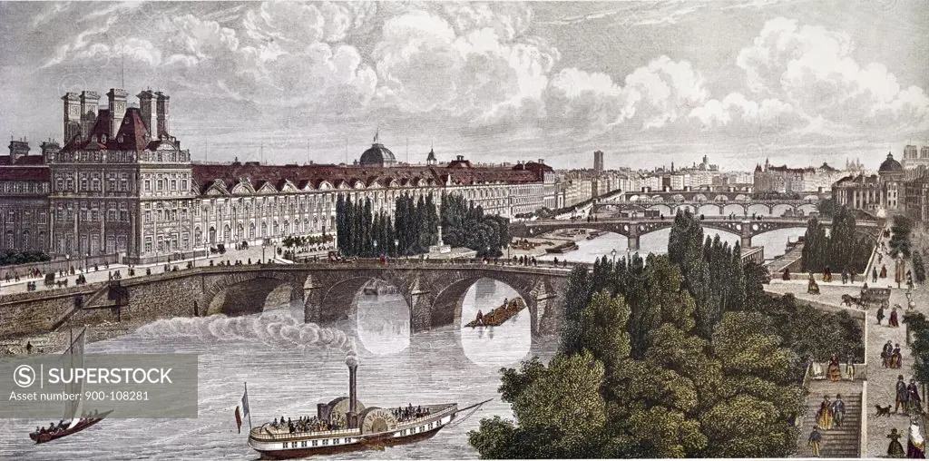 France,  Paris,  Bridges Over Seine,  by Claude Chamouin,  19th century