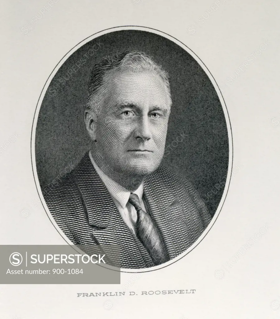 Franklin Roosevelt, thirty second President of United States, engraving, American History, 1940-1949