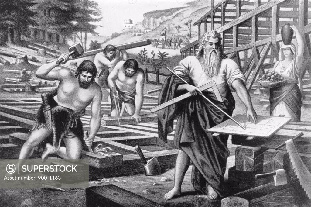 Noah Builds the Ark Artist Unknown Engraving
