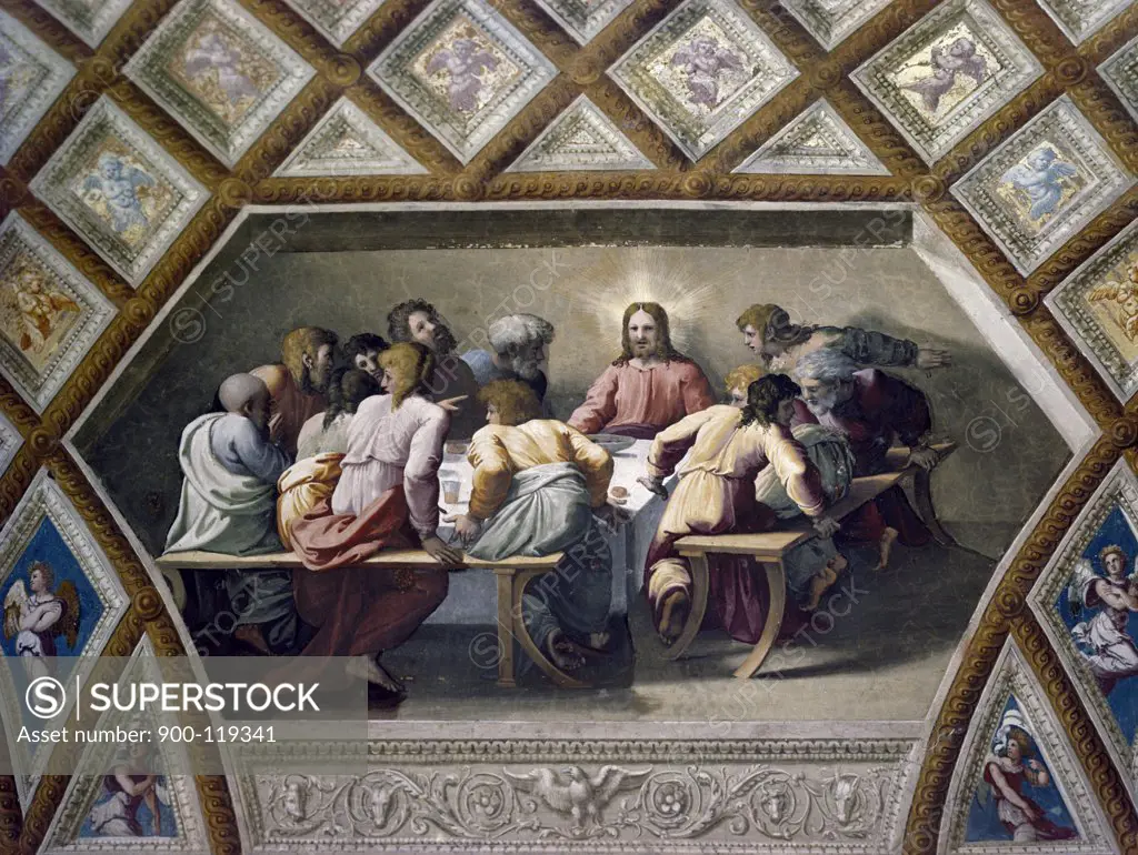 Italy, Rome, Vatican City, St. Peter's Basilica, The Last Supper by Raphael Santi, fresco, (1483-1520)