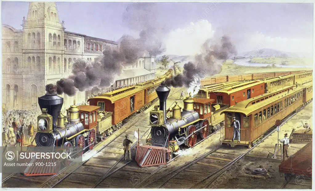 American Railroad Scene-Lightning Express Trains Leaving the Junction  1874  Currier & Ives (Active 1857-1907 American) Color Lithograph  Library of Congress, Washington, D.C.