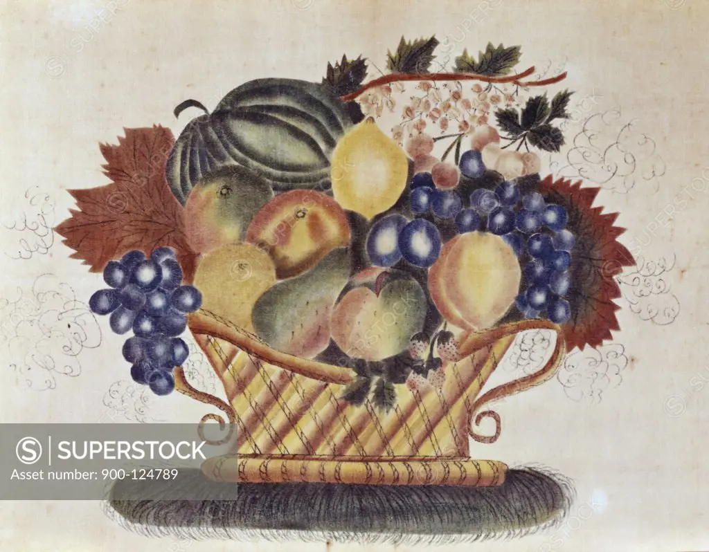 Fruit-filled Basket, 19th C. Pennsylvania Dutch Artist Unknown Oil On Canvas 