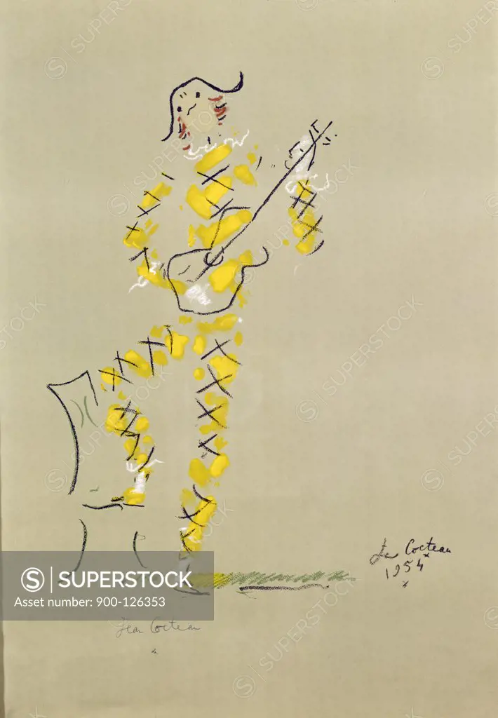 Clown With Guitar by Jean Cocteau, 1889-1963