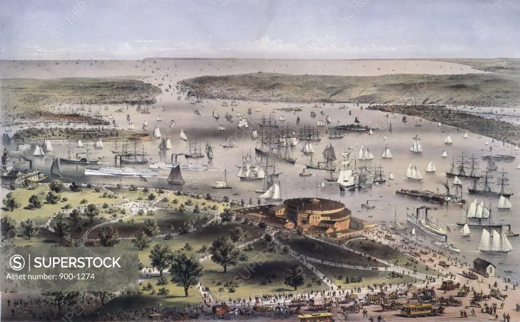 The Port Of New York Bird's Eye View From The Battery, Looking South Currier & Ives (1834-1907 American) Color Lithograph Library of Congress, Washington, D.C., USA
