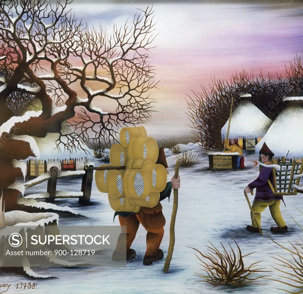 Vendors in the Snow by D. Popece,  oil painting