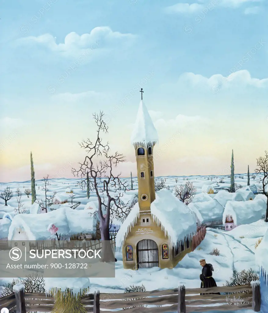 Snow Covered Village by V. Atakar,  oil painting