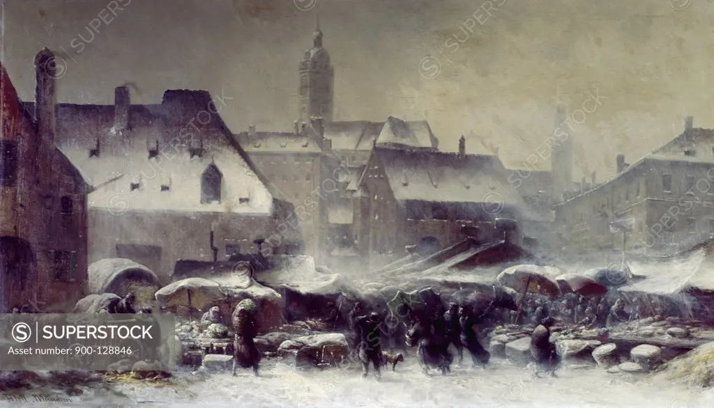 Marketplace in Munich, Winter by Anton Doll, (1826-1887)