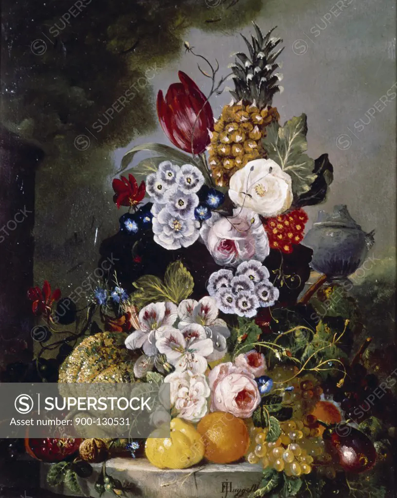 Still Life with Fruit and Flowers on Stone Ledge by Francois Joseph Huygens, (1820-1908)
