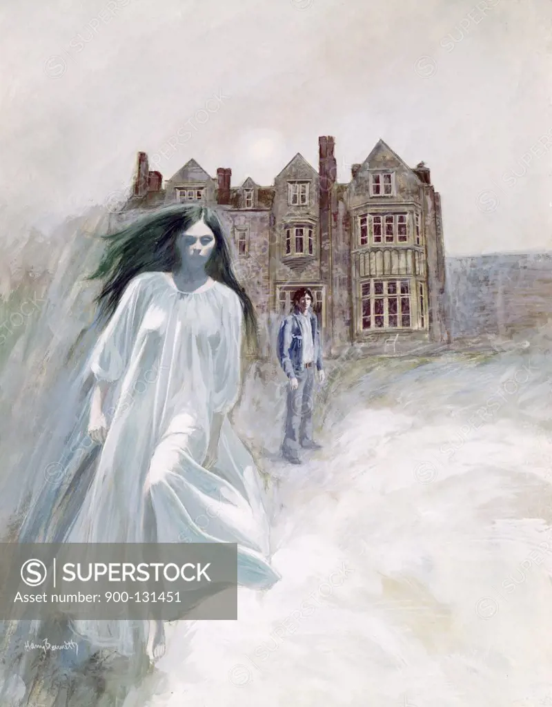 Female ghost walking with building in the background