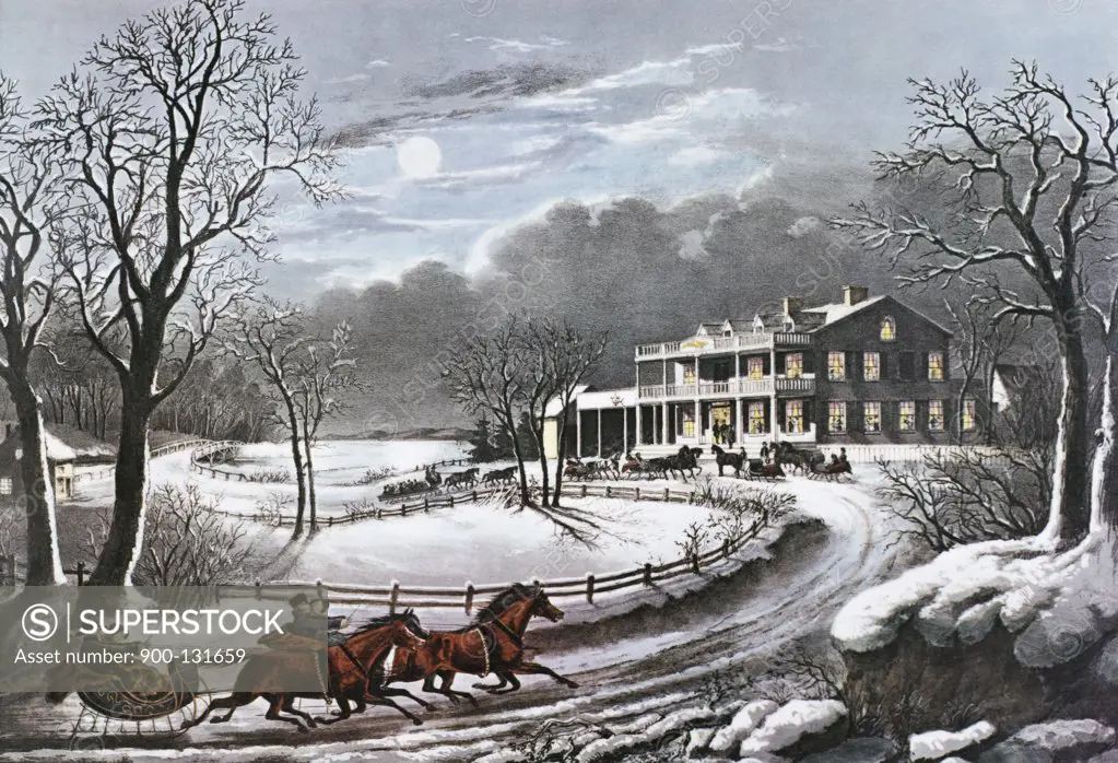 American Winter Scenes: Evening Currier & Ives (1834-1907 American) Print