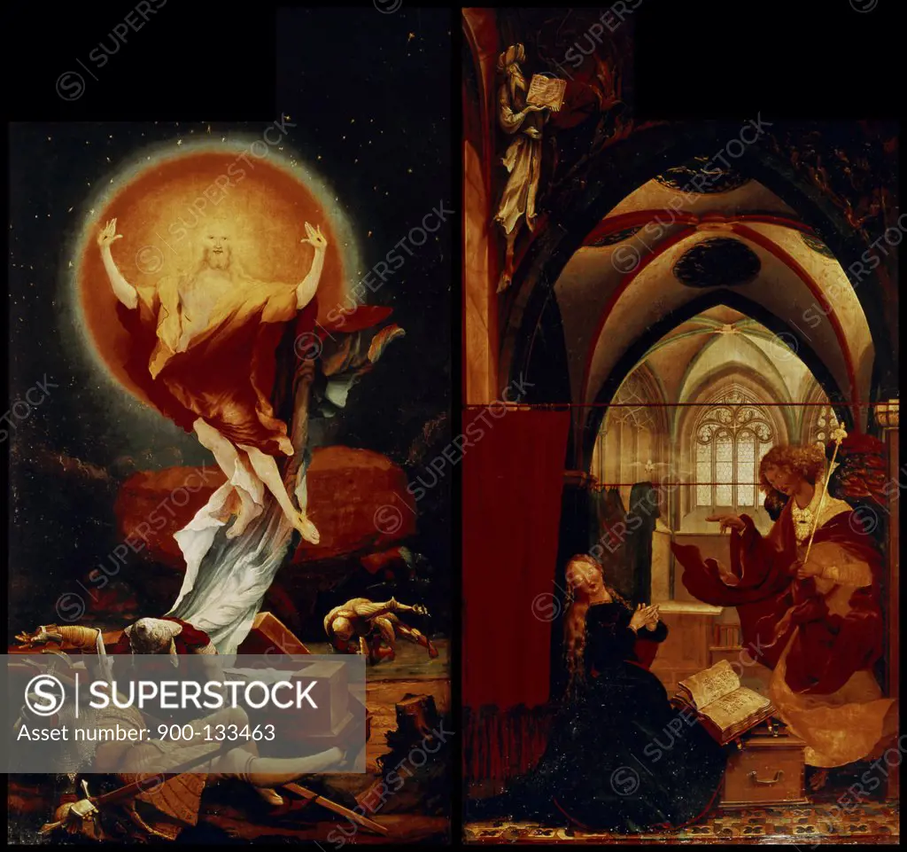 Resurrection & Annunciation, C.1510-15, Grunewald,  Matthias (1470/80-1528/German), Oil on Wood Panel, Musee d'Unterlinden,  Colmar,  France