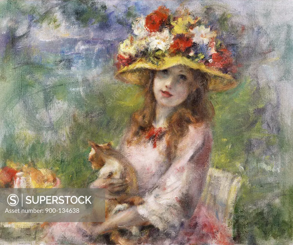 Girl In Flowered Hat by Unknown Artist, Oil On Canvas, 20th Century
