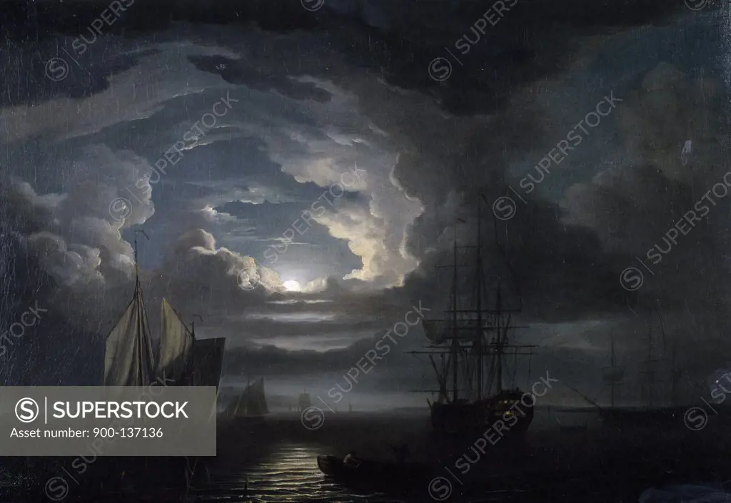 Shipping in a Calm Offshore by Moonlight by John Thomas Serres, (1759-1825)