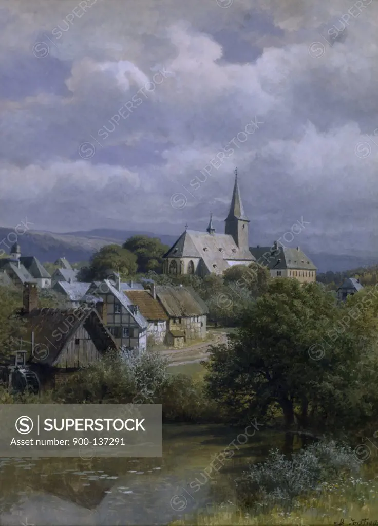 Bavarian Village by a River by Heinrich Deiters, (1840-1916)