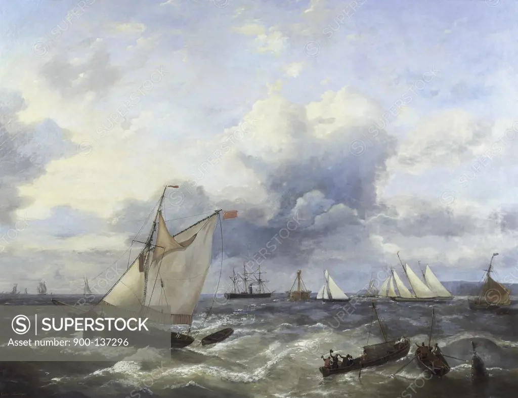 Sailing Vessels & A Steamship Offshore in a Squall Louis Verboeckhoven (1802-1899/Belgian)