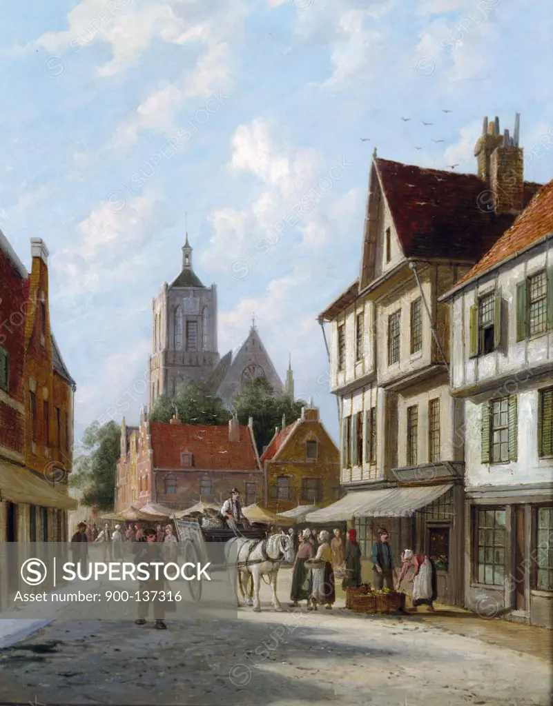 A Belgian Town With Figures, by William Raymond Dommersen, 19th Century