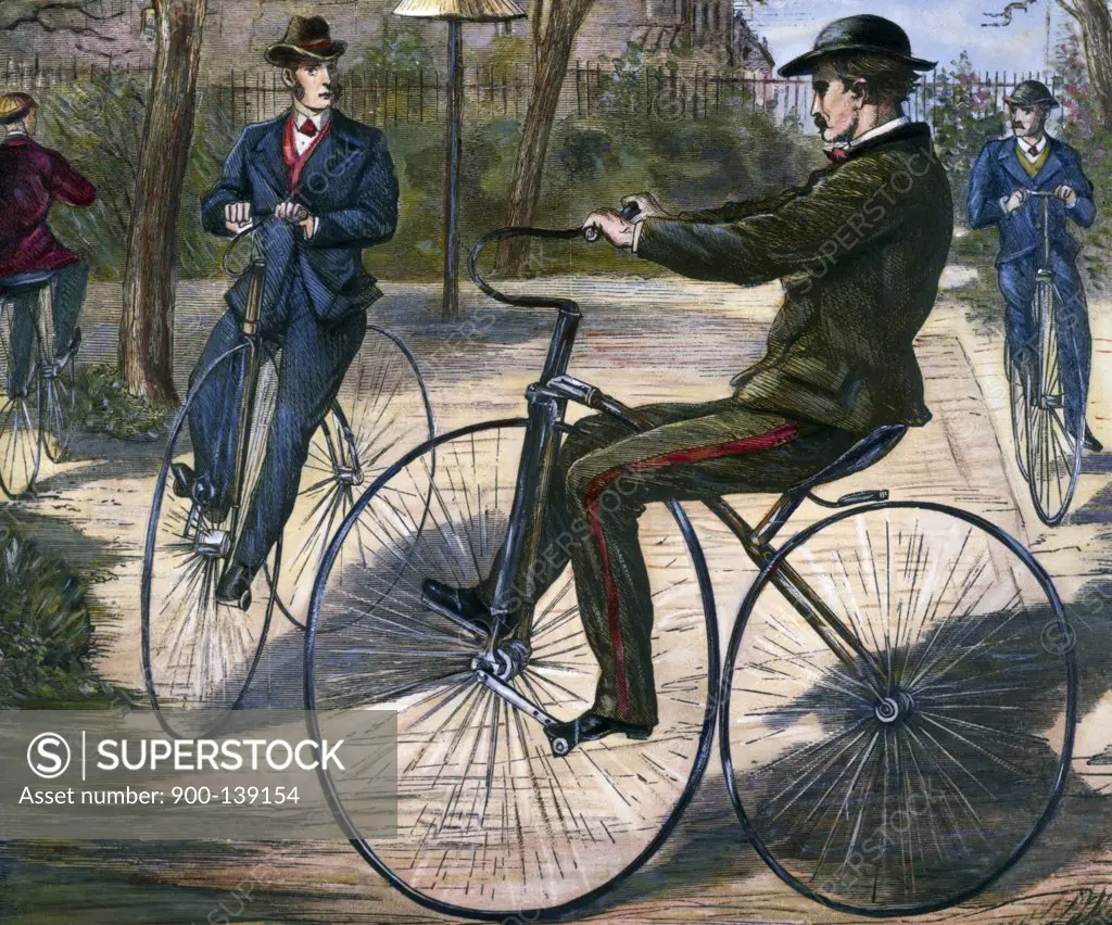 Cyclists, unknown artist, lithograph, 1875, 19th century