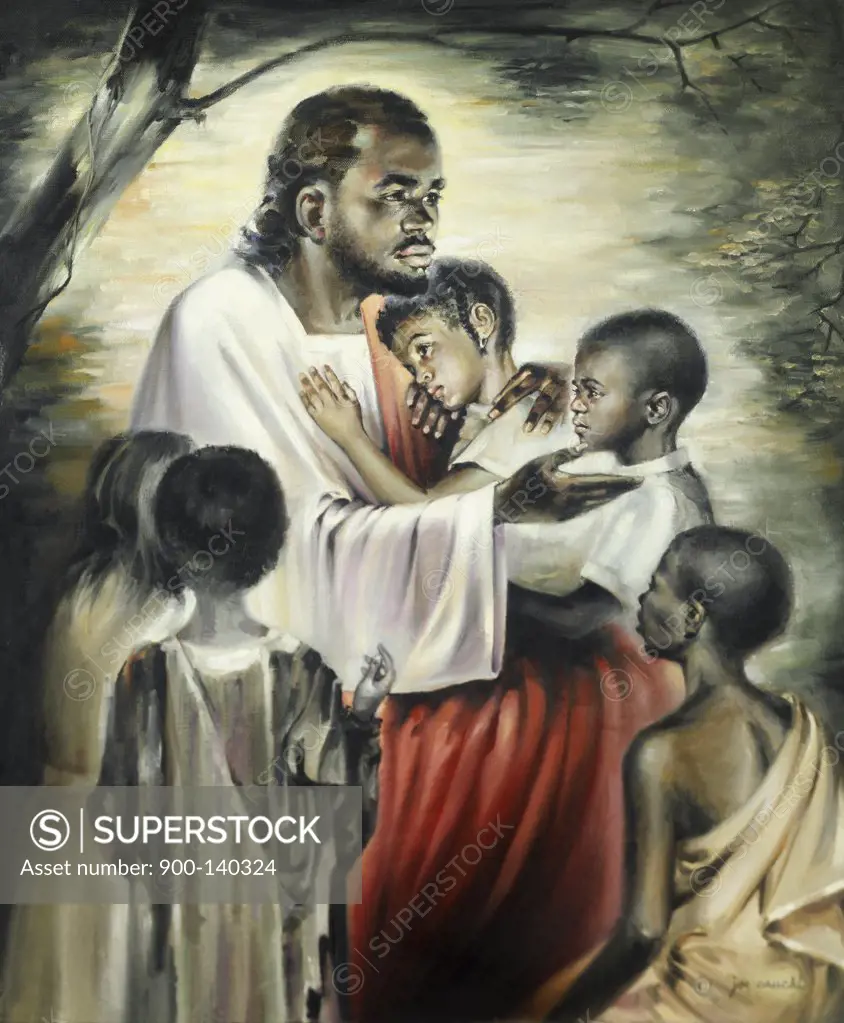 Black Jesus Blesses the Children 20th Century Joe Cauchi (1918-1986 American) Oil on Canvas