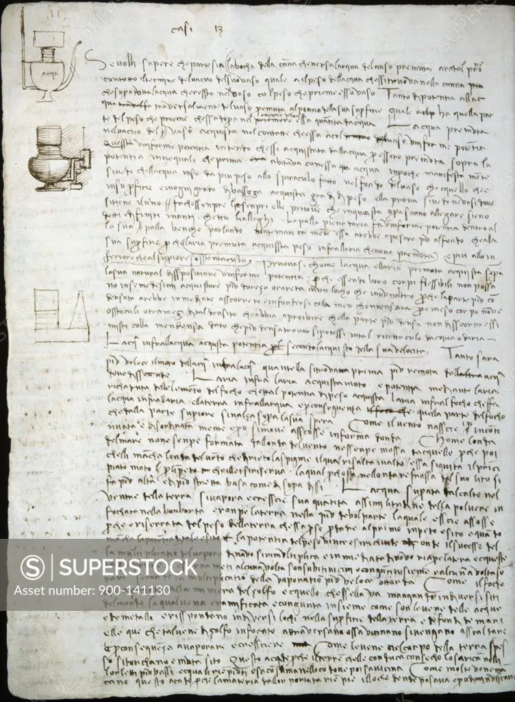 Codex Leicester: Water Pressure Theories  Leonardo da Vinci (1452-1519/Italian)  Drawing  Armand Hammer Foundation, Los Angeles 