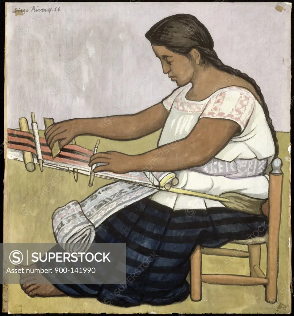 Weaver, Tejedora by Diego Rivera, watercolor painting, 1936, 1886-1957