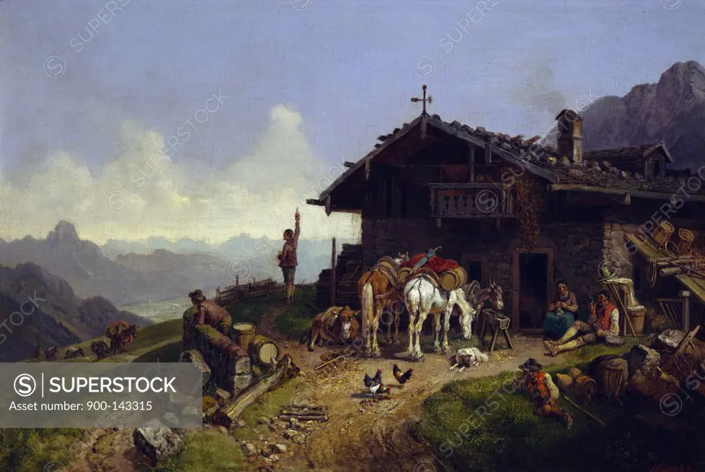 Mountain Cabin by Heinrich Burkel,  painted image,  (1802-1869)