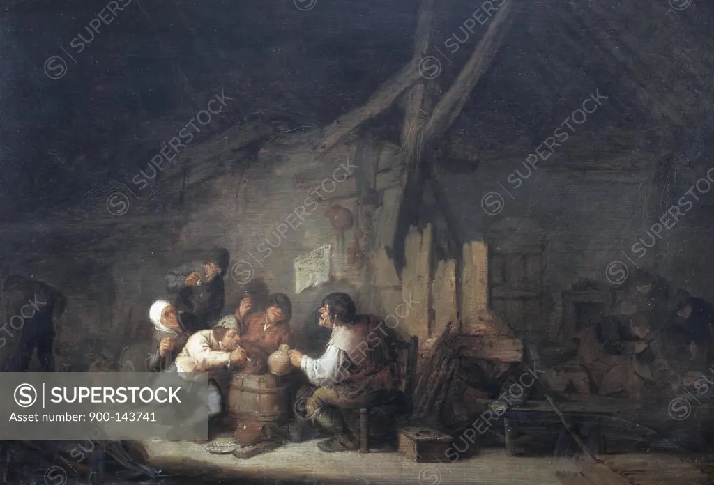 Peasants Drinking and Smoking in an Interior   Adriaen van Ostade (1610-1685 Dutch) Oil on wood panel 