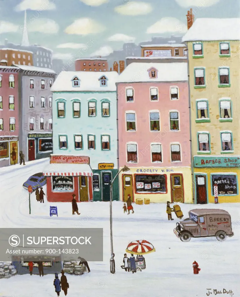 Winter in the City by J. Macduff, oil on canvas