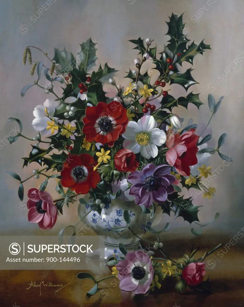 Still Life with Flowers & Holly Albert Williams (Fl. 1882-1900 British) 
