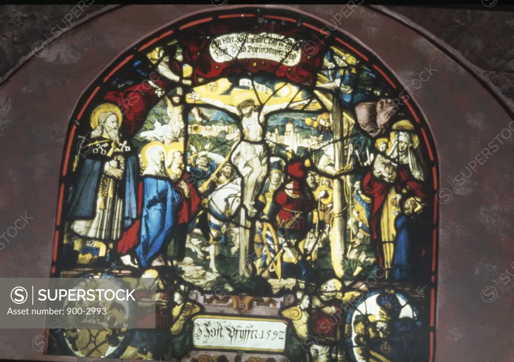 Switzerland,  Lucerne Canton,  Rathausen,  Rathausen Convent,  Stained glass with depiction of the Crucifixion,  1562