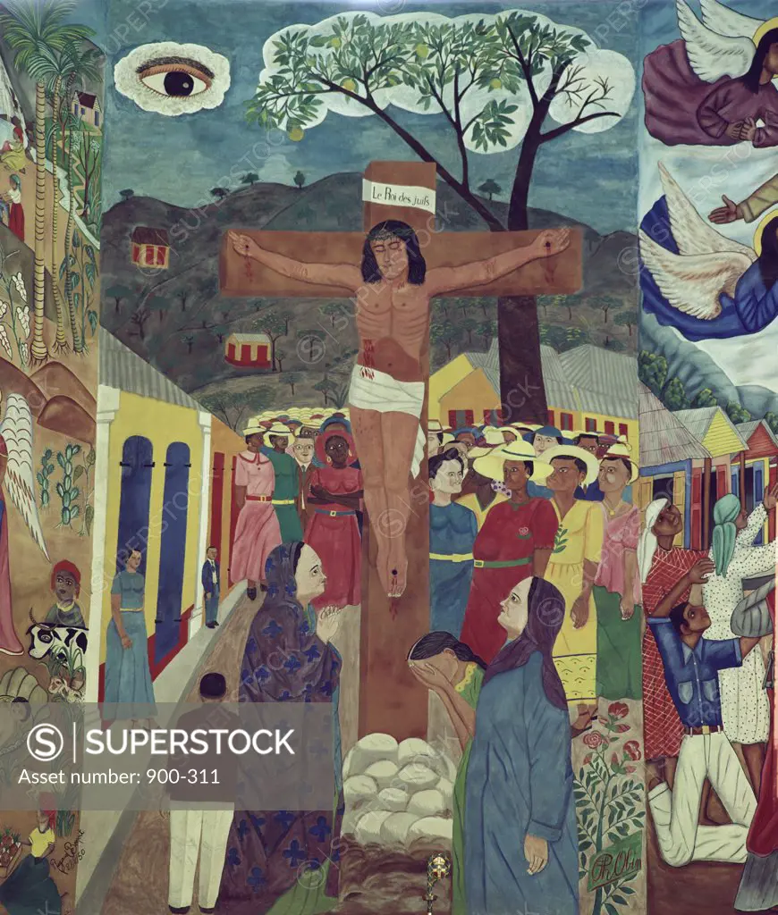 The Crucifixion by Philome Obin, Tempera, 1891-1986, Haiti, Port-au-Prince, Cathedral of St. Trinity