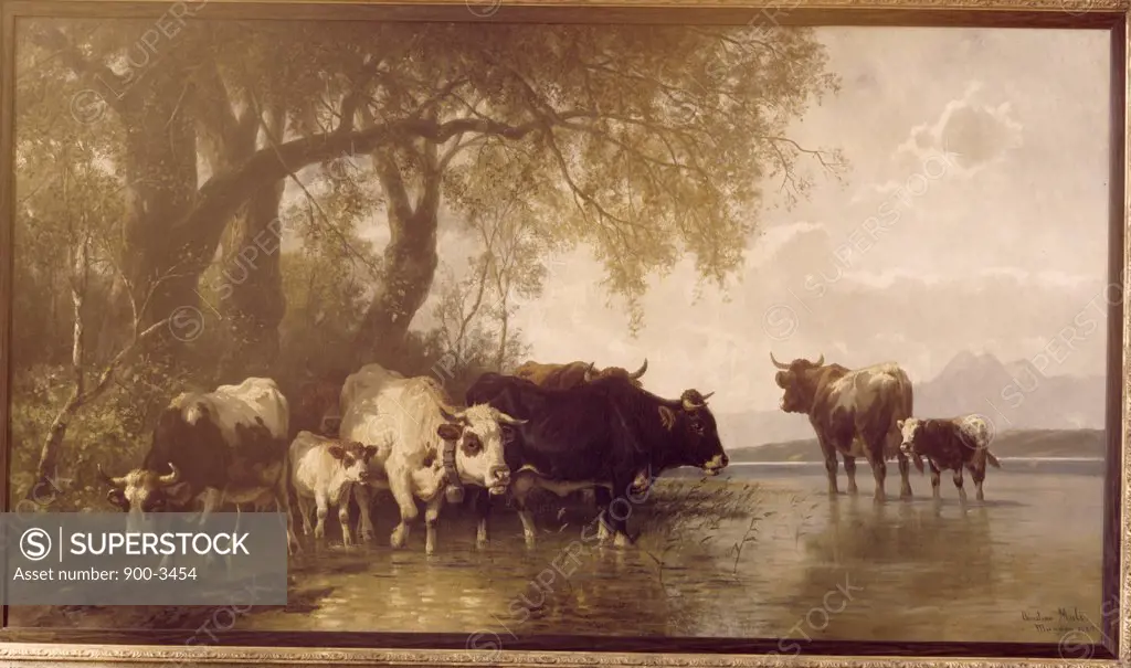 Cows Drinking by Christian Friedrich Mali,  (1832-1906)