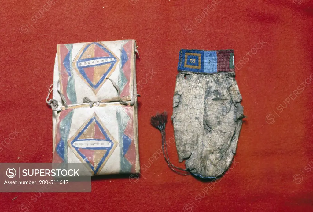 Parfleche and water bag, Sioux tribe artifacts