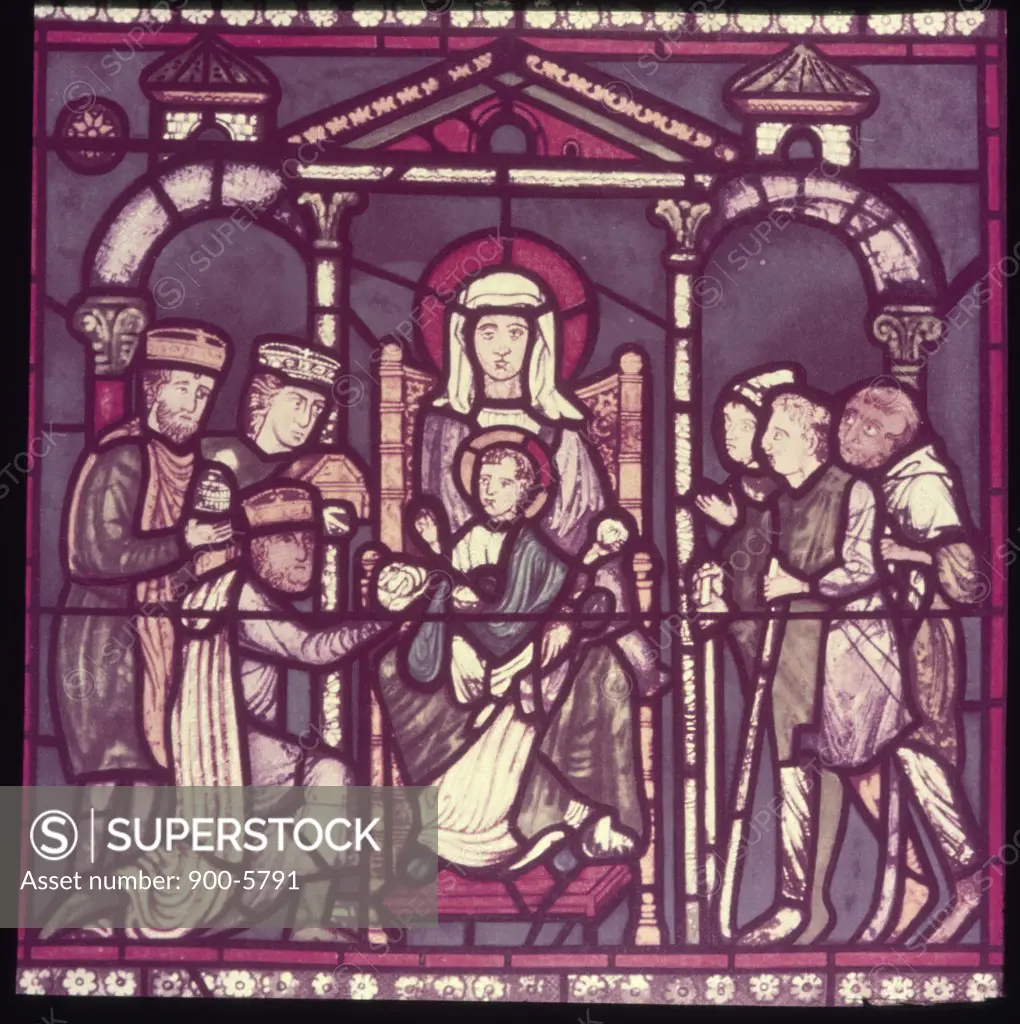 The Nativity,  stained glass window,  France,  Chartres,  Chartres Cathedral,  12th Century