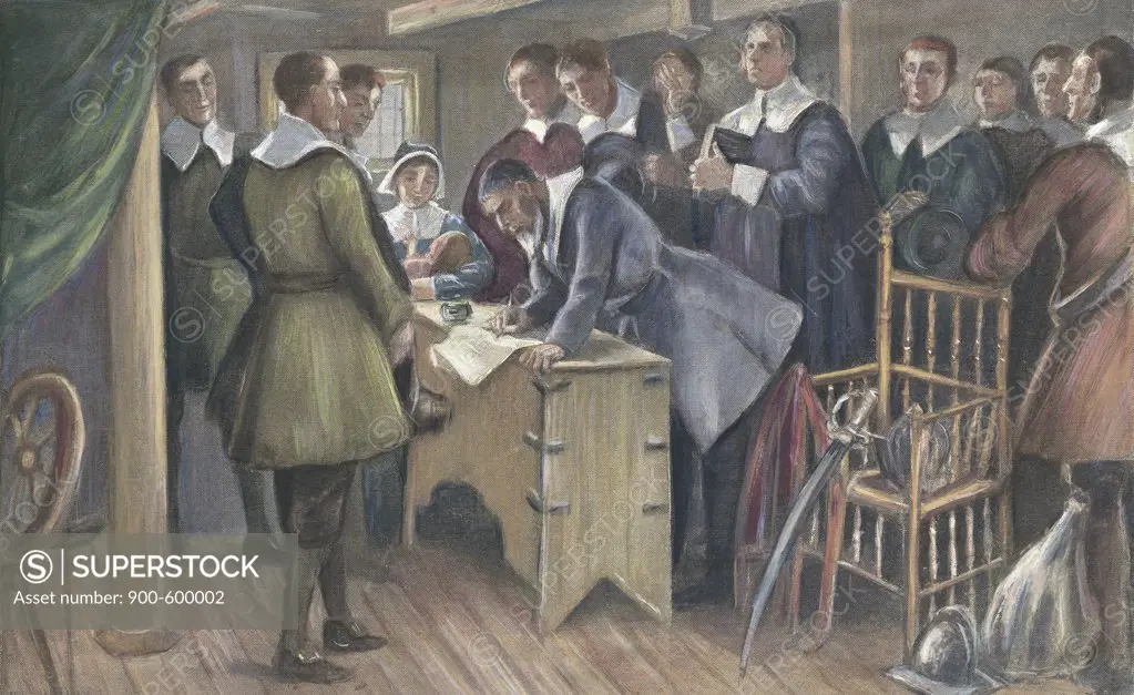 Signing The Compact On The Mayflower, Cpyrt 1895, J. Steeple Davis, (1844-1917 American)