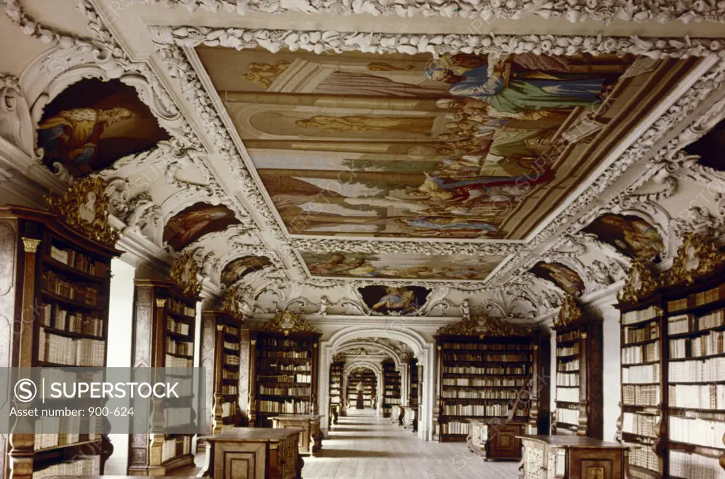 Austria, Stift Kremsmunster, Benedictine Abbey, Theological Library with ceiling, Museum Interiors