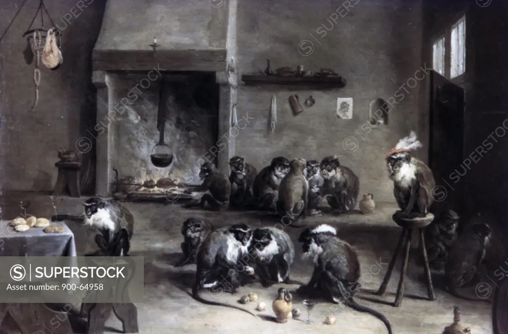 Monkeys in a Kitchen by David Teniers the Younger, circa 1640, 1610-1690, Russia, St. Petersburg, The Hermitage