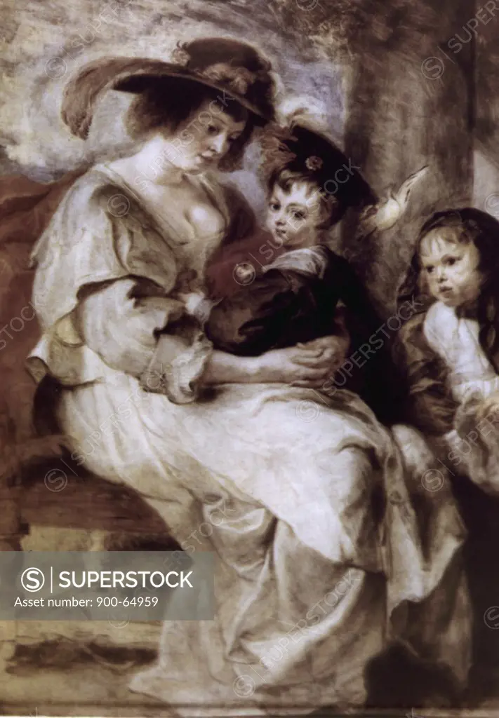 Helene Fourment and Her Children by Peter Paul Rubens, oil on wood, circa 1638, 1577-1640, France, Paris, Musee du Louvre
