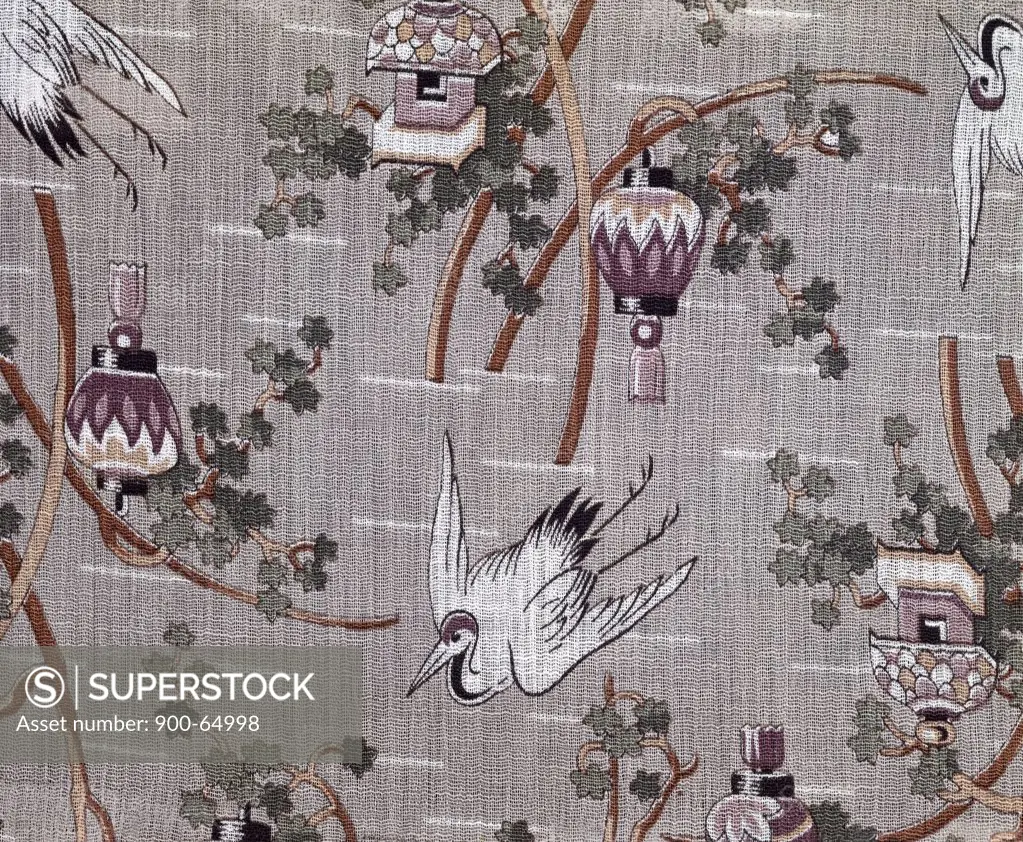 Storks and Japanese Lanterns on linen weaved cloth