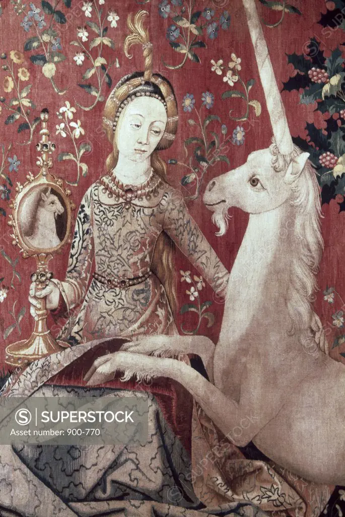 Lady and The Unicorn - Sense of Sight (Detail) 15th Century Tapestry (Flemish) Musee National du Moyen Age, Thermes & Hotel de Cluny, Paris, France